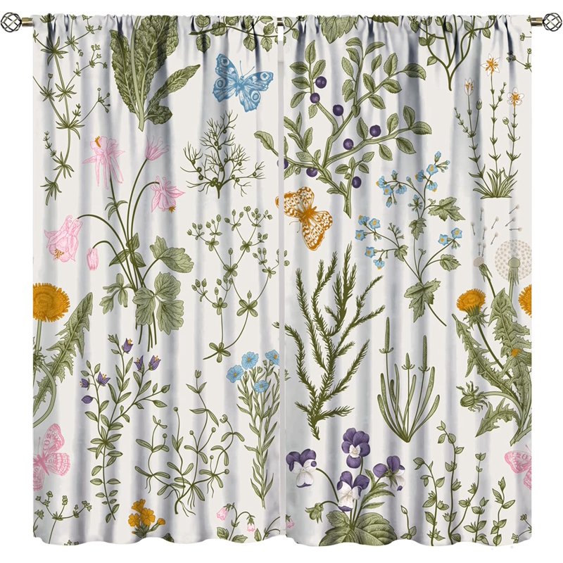 Botanical Floral Curtain Set - Decorative Window Drapes for Bedroom & Living Room