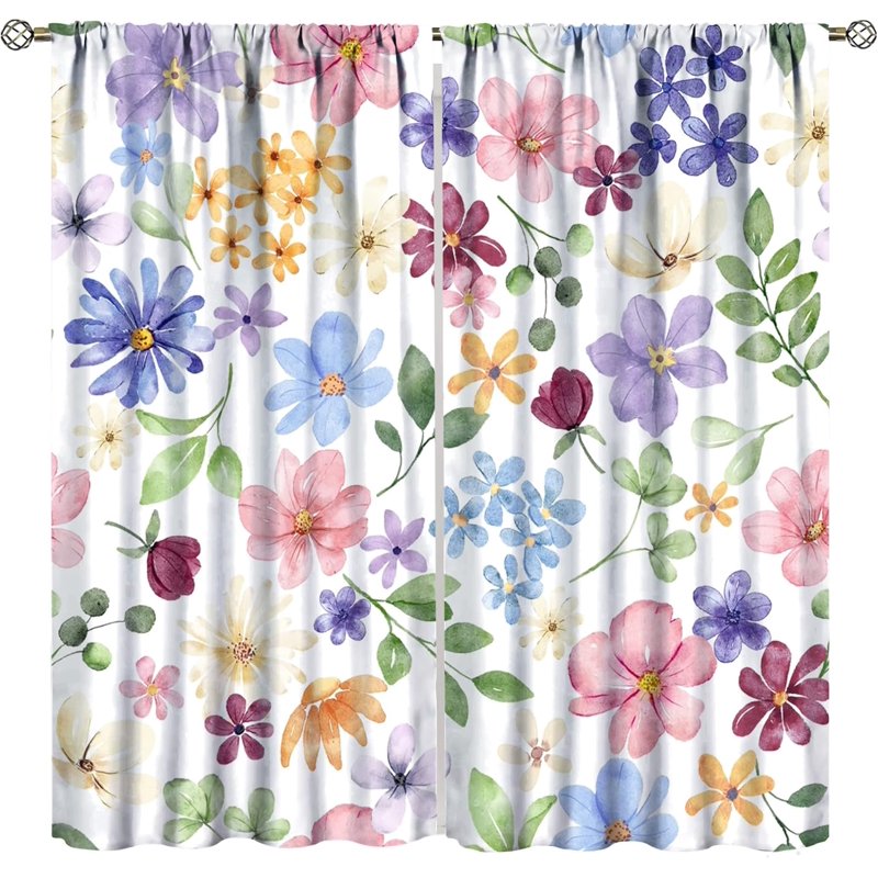 Floral Window Curtains Set - Rustic Flower Watercolor Pattern for Living Room & Bedroom