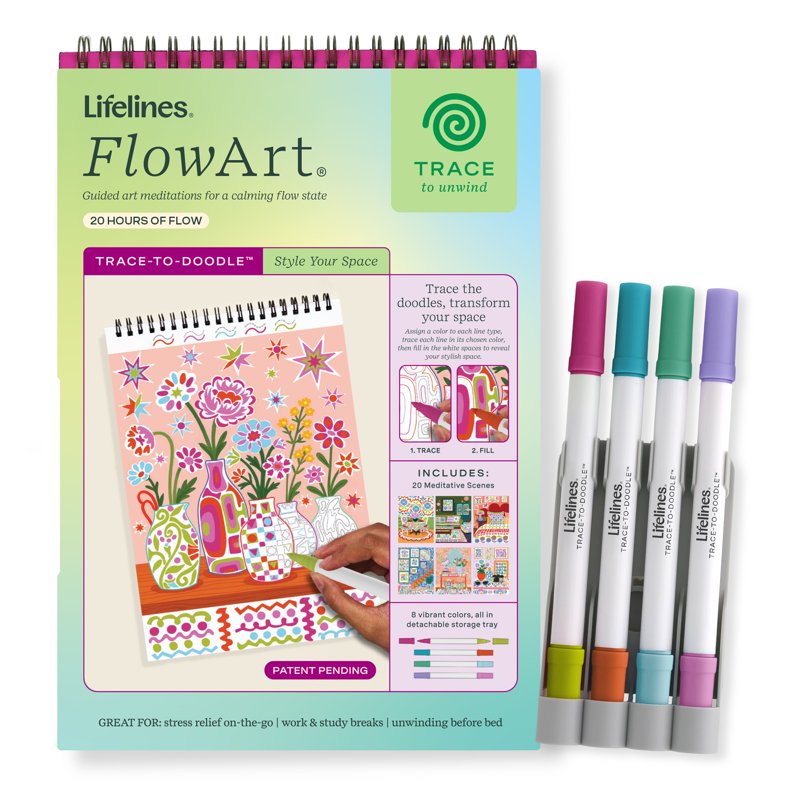 FlowArt Trace-to-Doodle Guided Art Activity Kit with Markers for Stress Relief & Home Décor