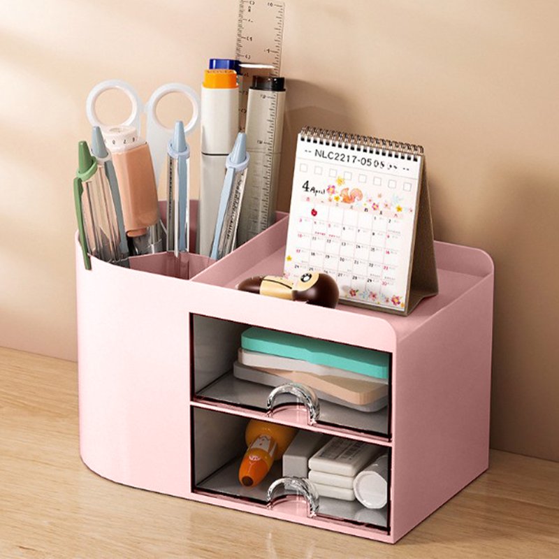 Desk Organizer with Drawer - Office Supplies & Stationery Storage Box in Pink