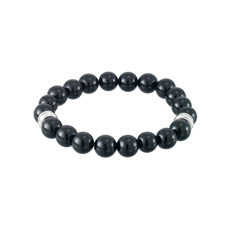Men's Black Agate Stretch Bracelet with White Stainless Steel - 8.5 Inches