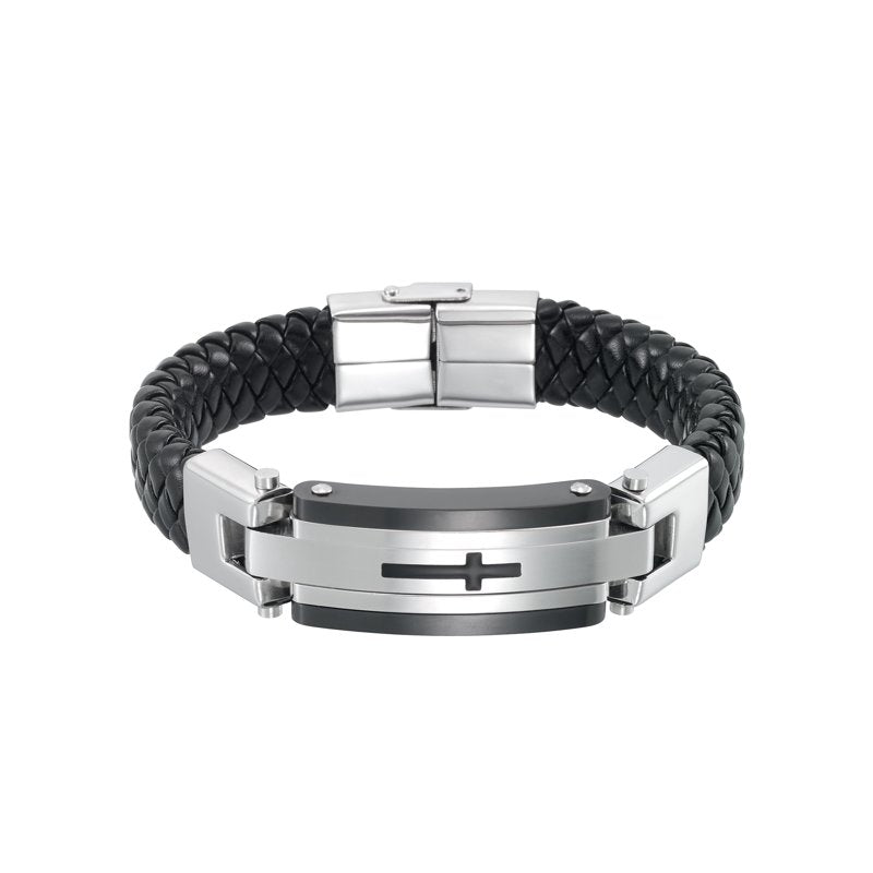 Men's Cross Leather Bracelet with Stainless Steel Accent 8.5 Inches
