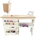 Portable Folding Sewing Table with Wheels, Storage Shelves & Trays