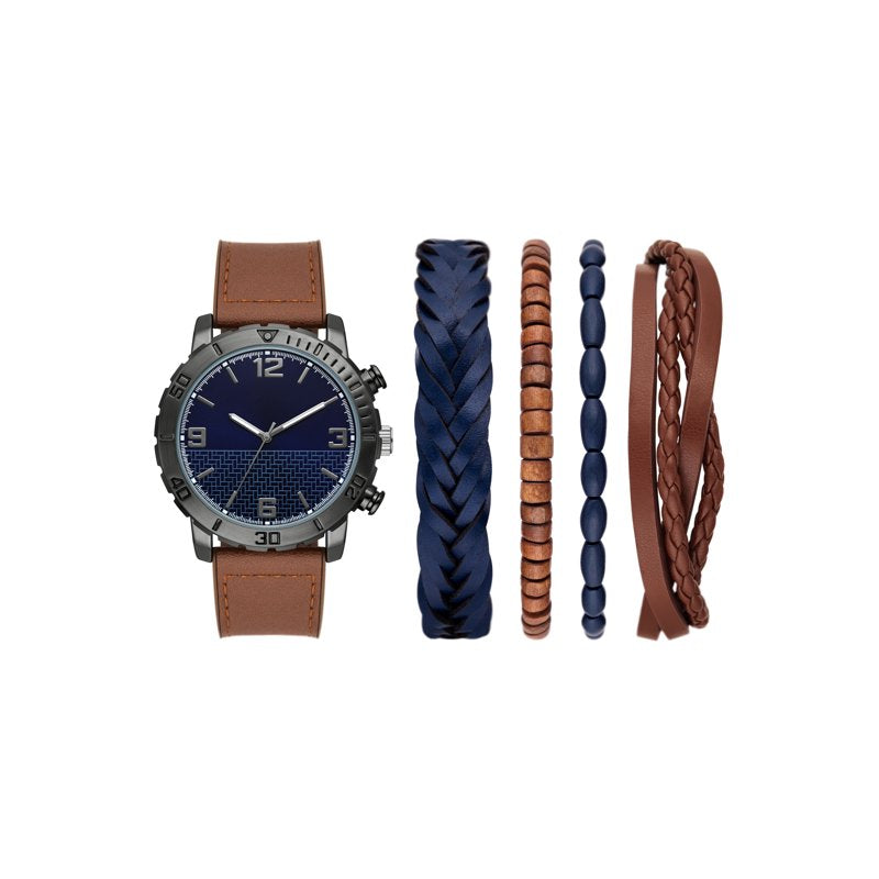 Men's Gift Set with Blue Sunray Dial Watch and Leather Bracelets - Gunmetal & Brown Vegan Leather