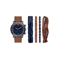 Men's Gift Set with Blue Sunray Dial Watch and Leather Bracelets - Gunmetal & Brown Vegan Leather