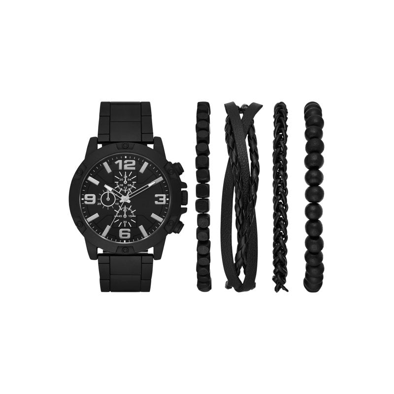 Men's Matte Black Watch & Stackable Bracelets Gift Set - Modern Style