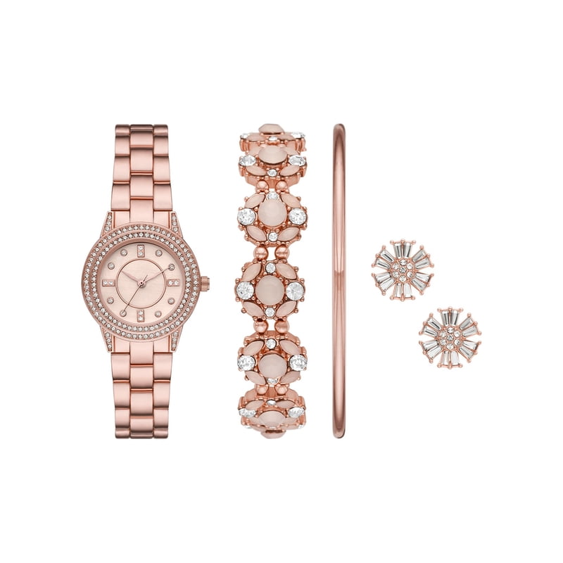 Women's Rose Gold Tone Analog Watch Set with Layered Bracelets and Earrings