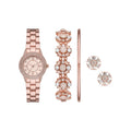 Women's Rose Gold Tone Analog Watch Set with Layered Bracelets and Earrings