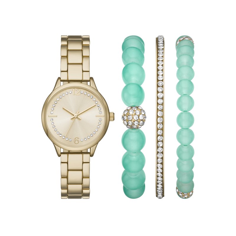 Women's Gold Tone Watch Set with Crystal Dial and 3-Link Bracelet