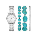 Women's Silver Tone Watch Set with Crystal Sunray Dial and Faux Turquoise Bracelets