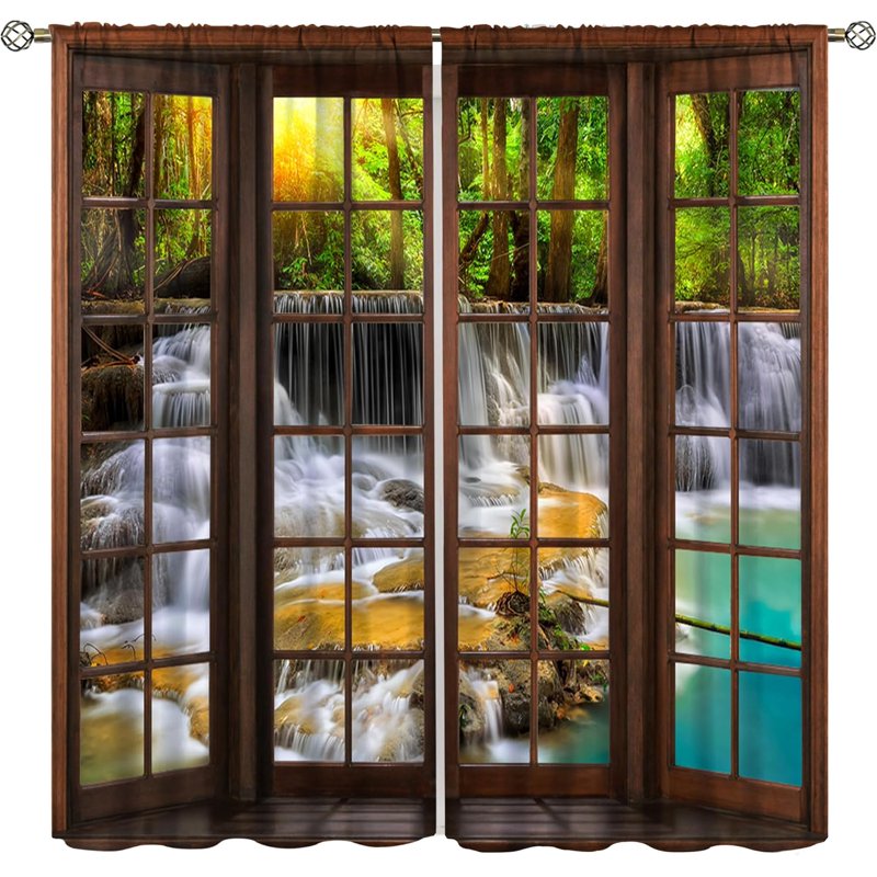 Rustic Forest Landscape Waterfall Curtains - Soundproof Window Drapes for Bedroom & Living Room