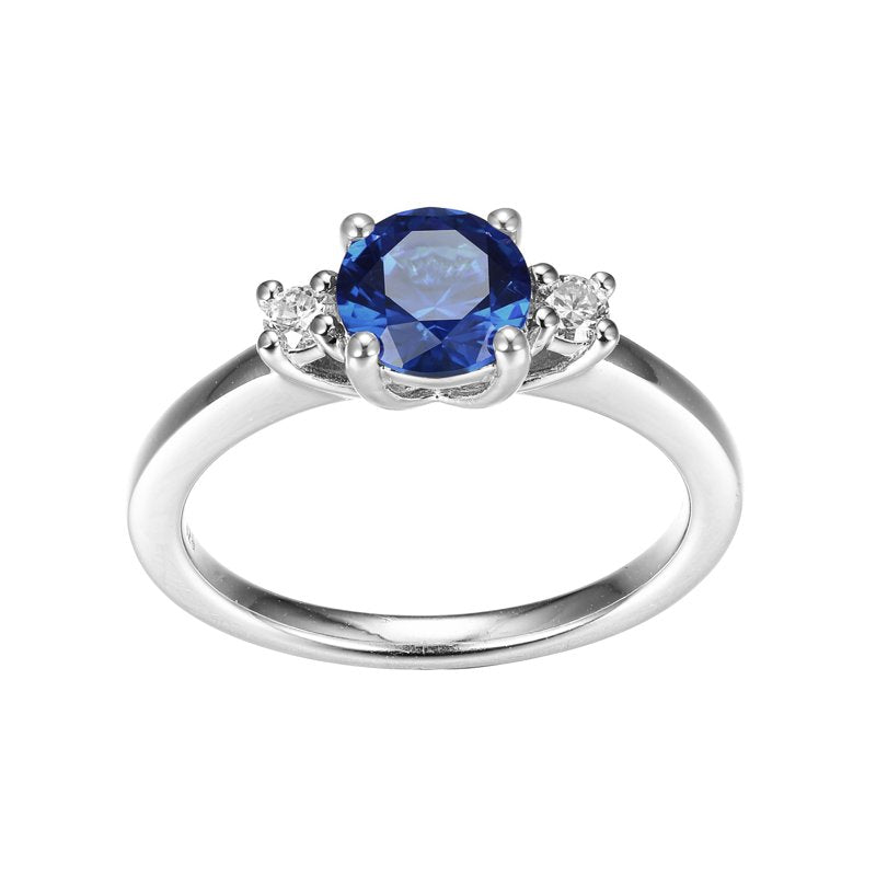 Sterling Silver Three Stone Ring with Blue Sapphire and Lab Grown Diamonds, Size 7