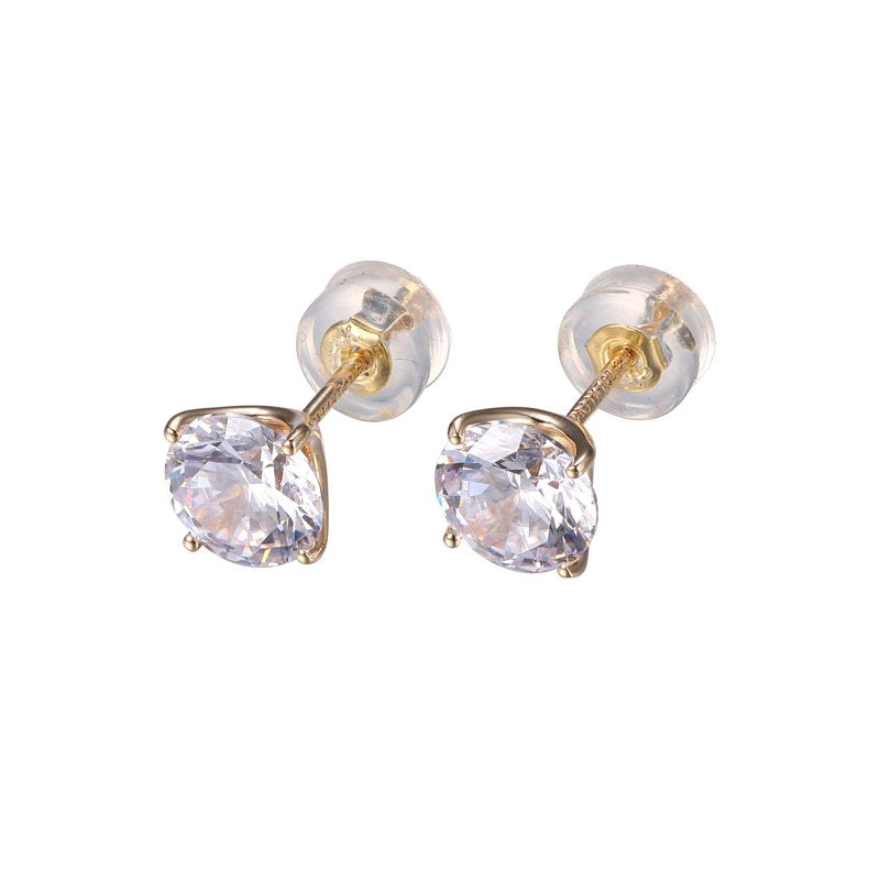 Solid Gold 6.5MM Cubic Zirconia Stud Earrings for Women - Gift-Ready
