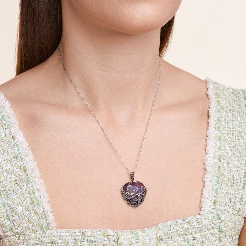 Amethyst-Tone Glass Heart Pendant Necklace with Marcasite Sterling Silver