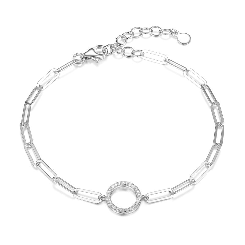 Sterling Silver CZ Circle Paperclip Bracelet - Adjustable 6.75" + 1.25" Extender