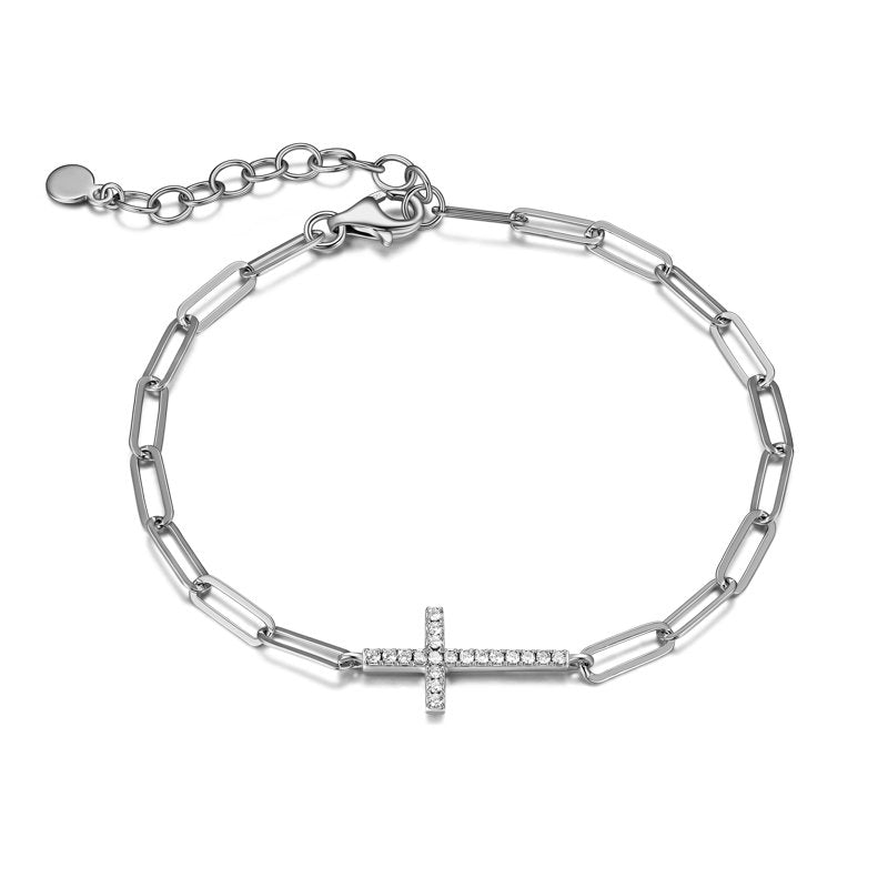 Sterling Silver CZ Cross Paperclip Bracelet with Extender - Hypoallergenic Jewelry