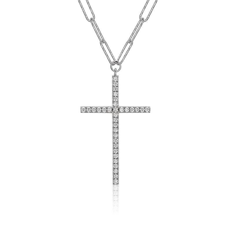 Sterling Silver Paperclip Necklace with CZ Cross, 18" + 2" Extender
