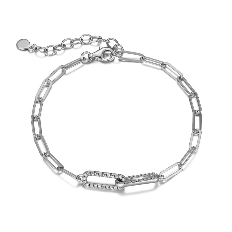 Sterling Silver CZ Oval Link Paperclip Bracelet Set - 6.75" + 1.25" Extender