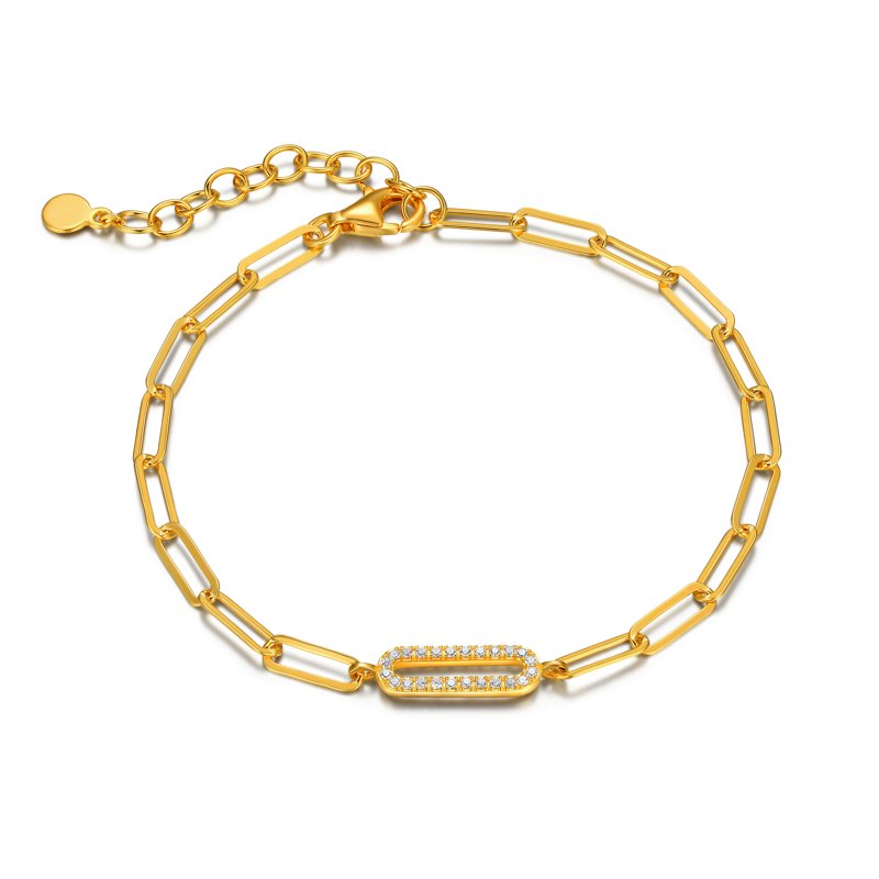 Gold & Silver CZ Oval Link Paperclip Bracelet 6.75" + 1.25" Extension