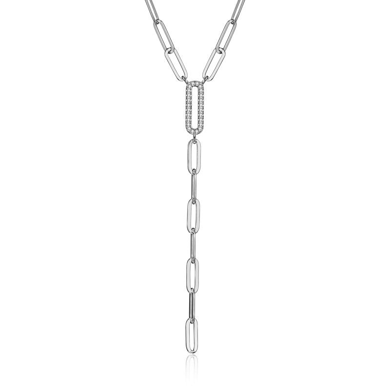 Sterling Silver CZ Paperclip Necklace 18" + 2" Extension Lariat Jewelry