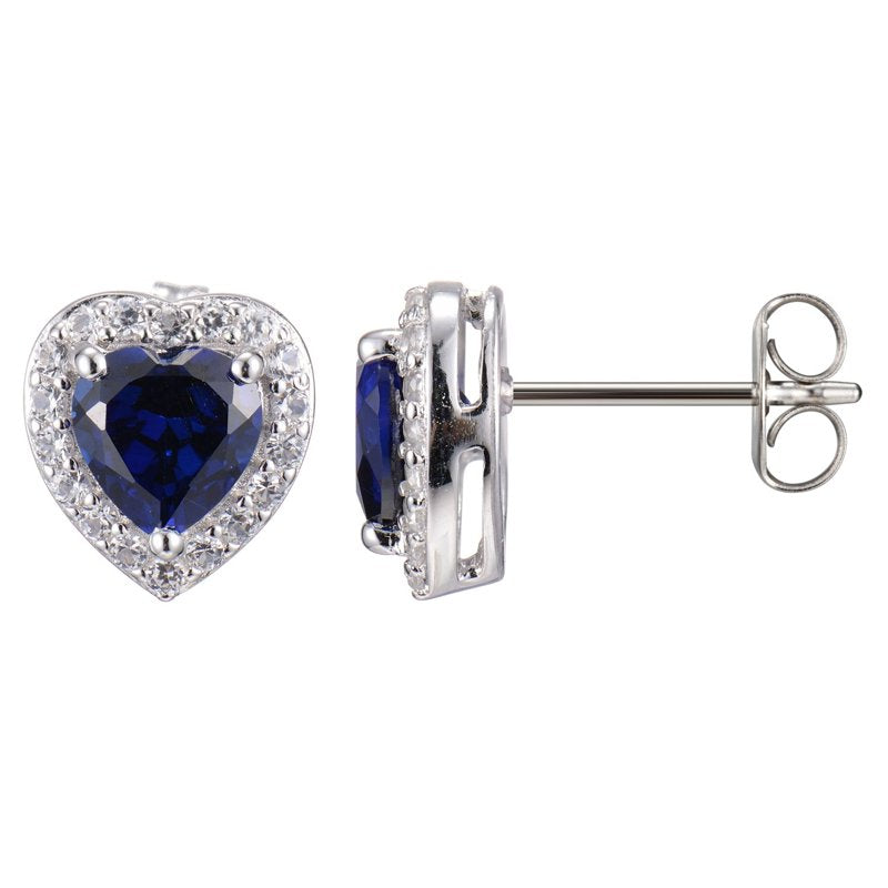 Sterling Silver Heart Halo Earrings with Blue and White Sapphires - Gift-Ready Jewelry