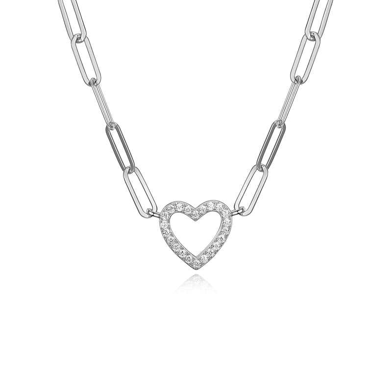 Sterling Silver Cubic Zirconia Heart Paperclip Necklace 18” for Women