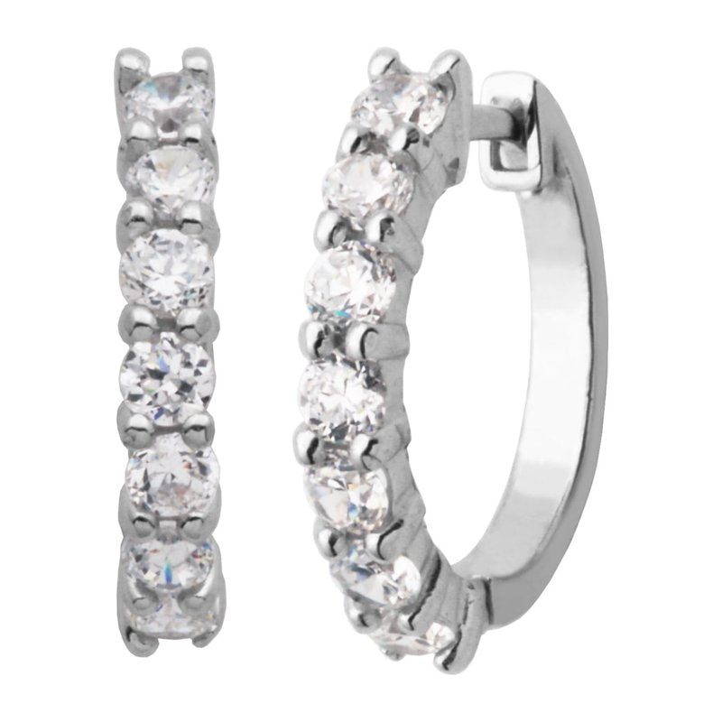 Hinged Hoop Earrings with Cubic Zirconia in Sterling Silver and Rhodium Plating