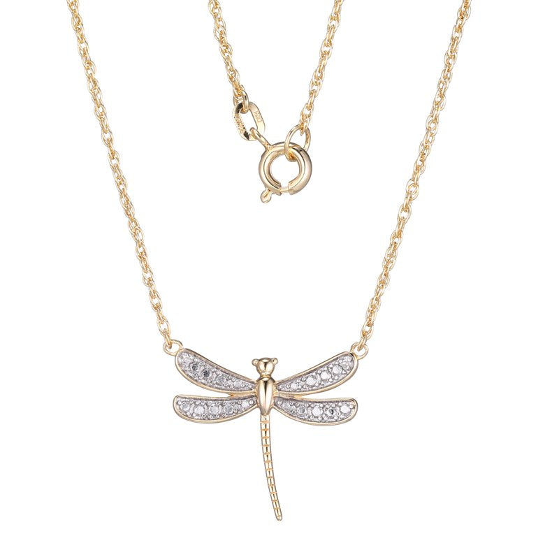 Diamond Accent Dragonfly Necklace - Silver & Gold Plated Bronze Pendant, 18 Inch Rope Chain, Gift Box