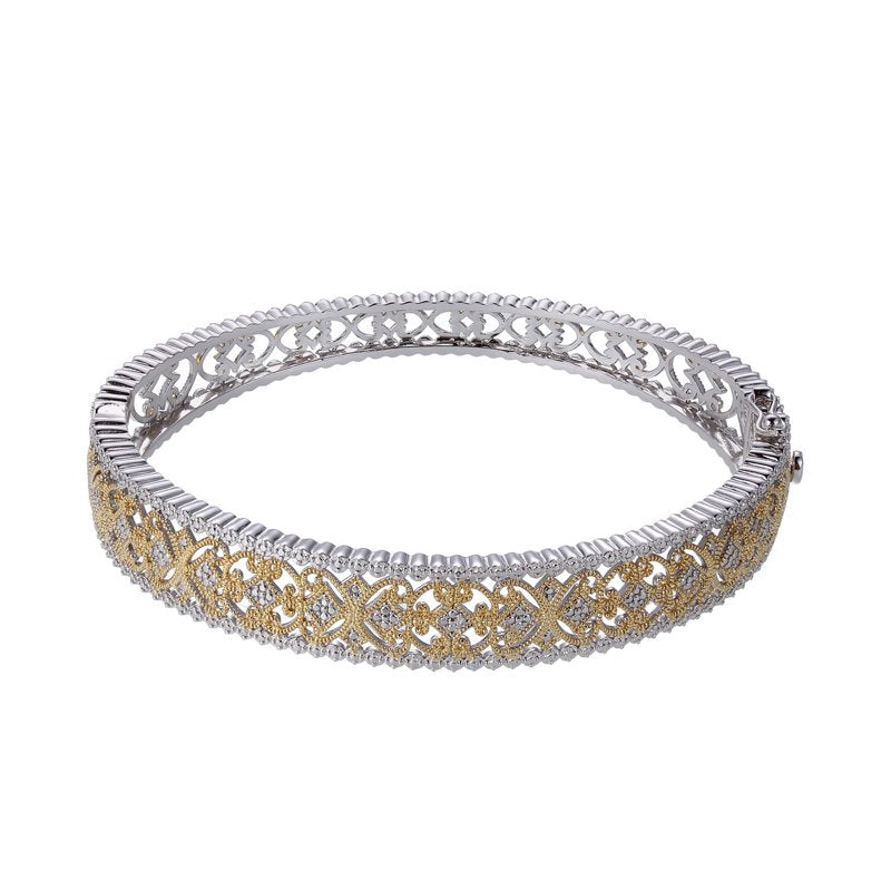 Forever Facets Diamond Accent Filigree Bangle in 18K Yellow Gold & Rhodium