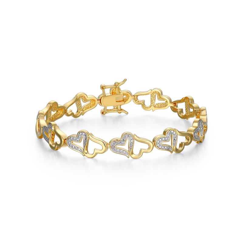 Diamond Accent Heart Bracelet in 18k Yellow Gold over Bronze for Women