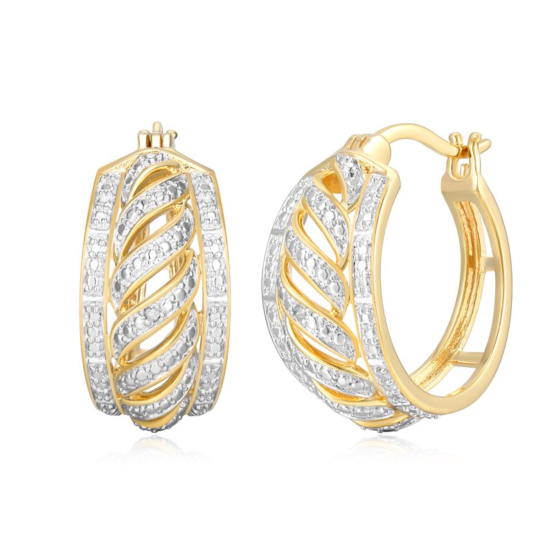 Diamond Accent Open Relief Hoop Earrings in 18k Yellow Gold Over Bronze - Elegant Gift-Ready Jewelry