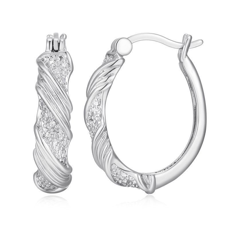 Diamond Accent Hoop Earrings - Two-Tone Rhodium Plated Jewelry for Women