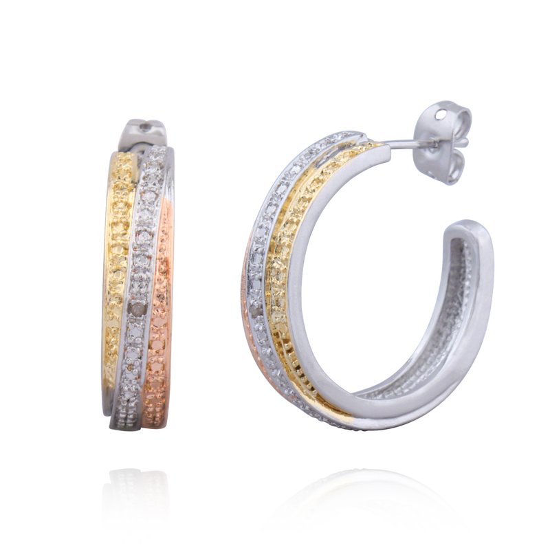 Diamond Accent Tri-Tone Hoop Earrings for Women - 7/8 Inch Gold Plated Jewelry