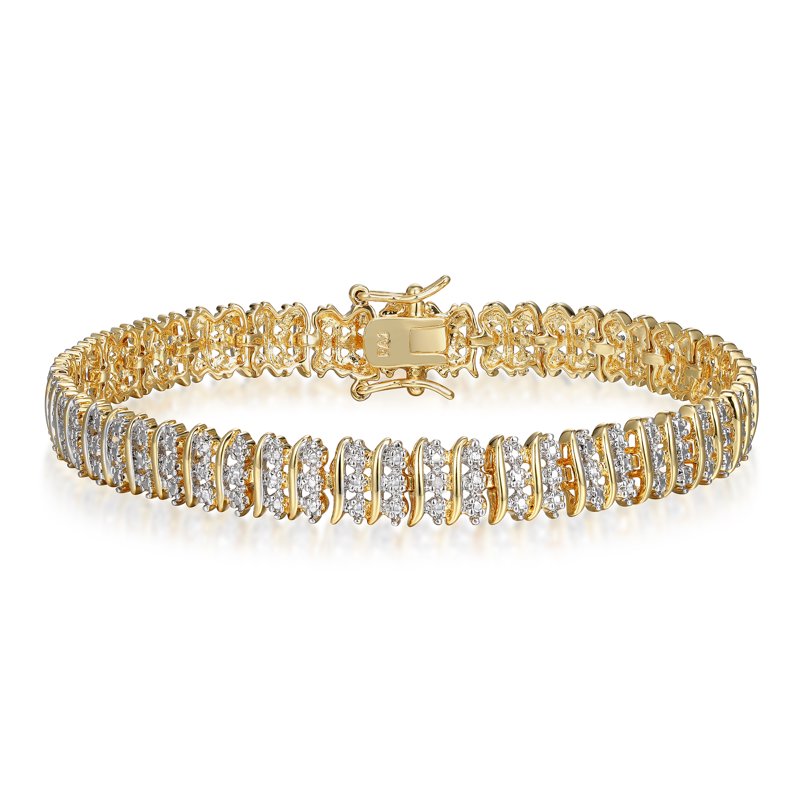 Gold Plated Silver S Link Tennis Bracelet with Diamond Accents 7.25"
