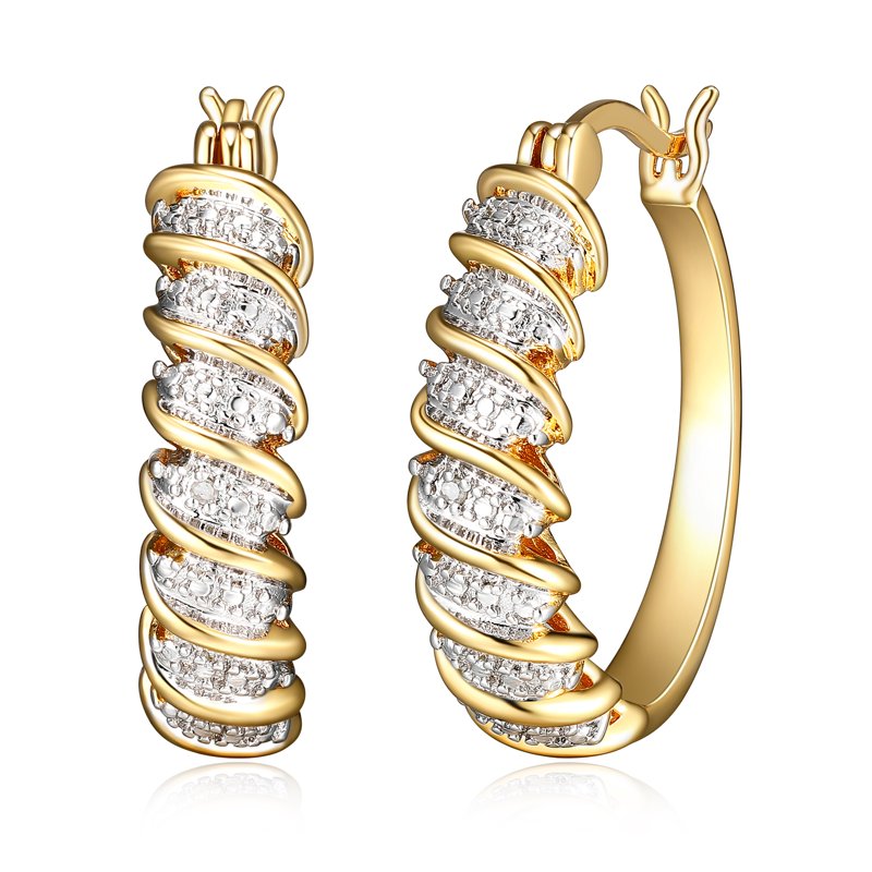 Silver and Gold Tone Hoop Earrings with Diamond Accent - S Link Design