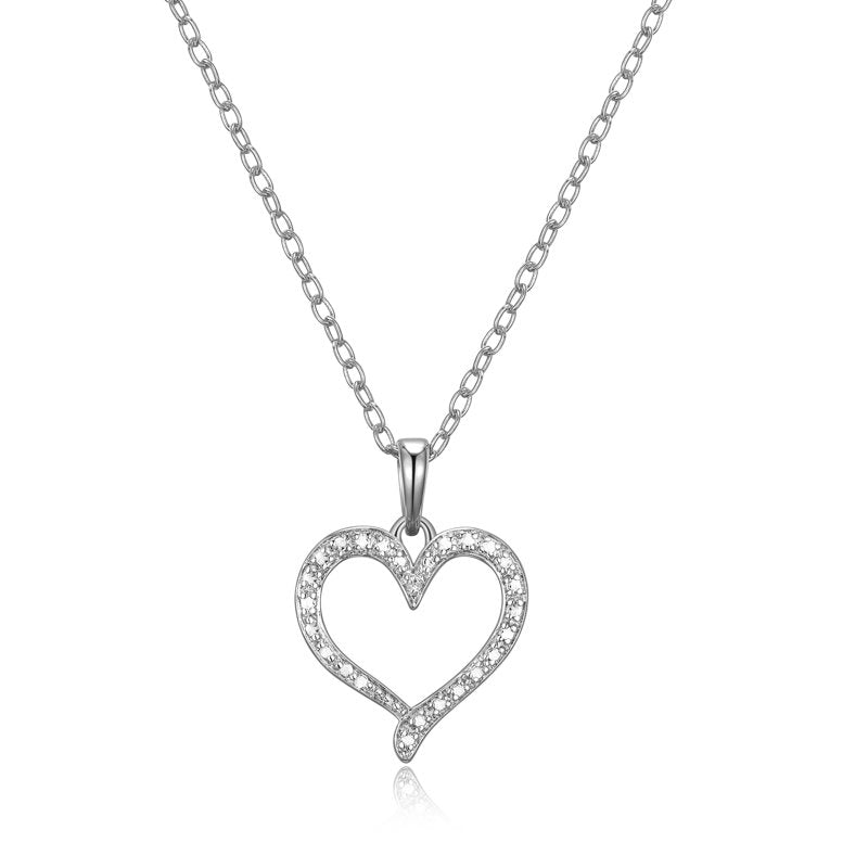 Silver Open Heart Pendant Necklace with Diamond Accent - 18 Inch Chain