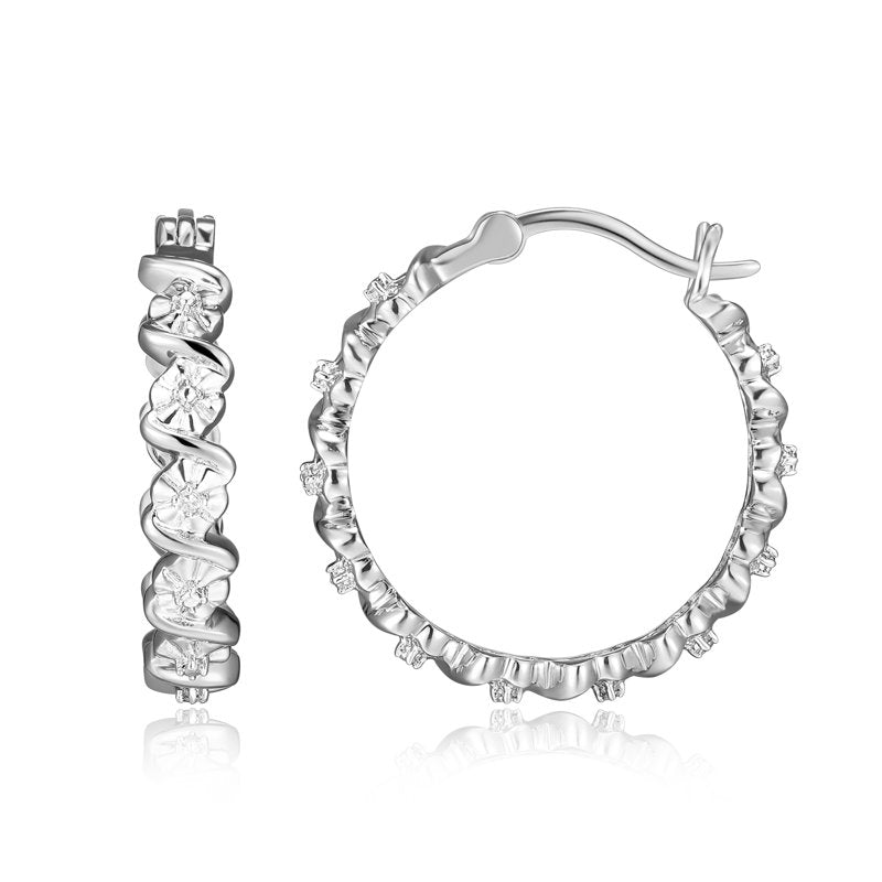Silver Tone Hoop Earrings with Diamond Accent and S-Link Design