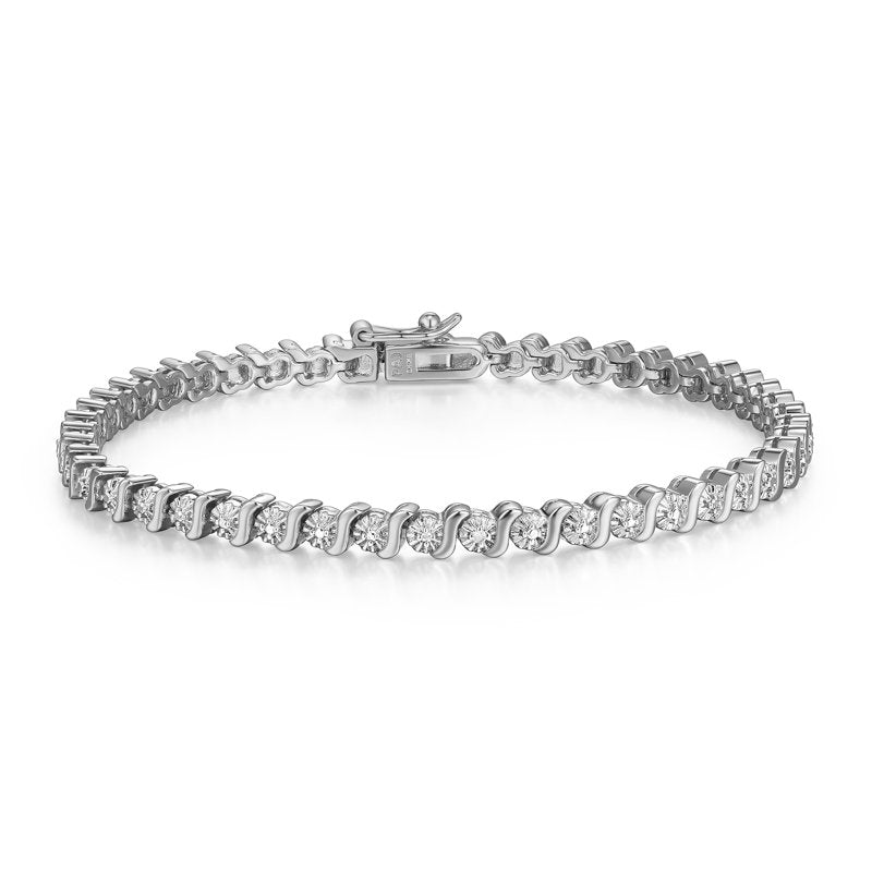 Silver Tone S Shape Link Tennis Bracelet with Diamond Accents 7.25"
