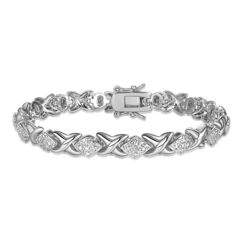 Silver Tone XO Diamond Shape Tennis Bracelet - 7.25 Inch Jewelry Gift
