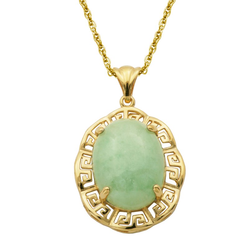 Green Jade Necklace in Sterling Silver with 18K Gold Overlay - 18 Inch Chain for Women