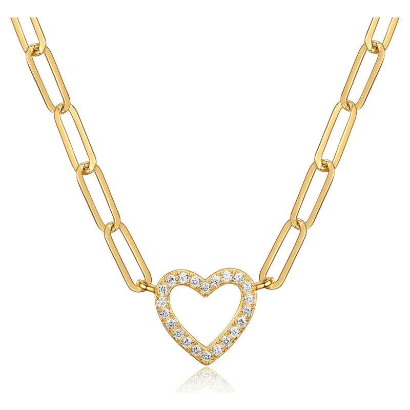 Heart Cubic Zirconia Paperclip Necklace in 18K Gold Over Sterling Silver 18 Inches