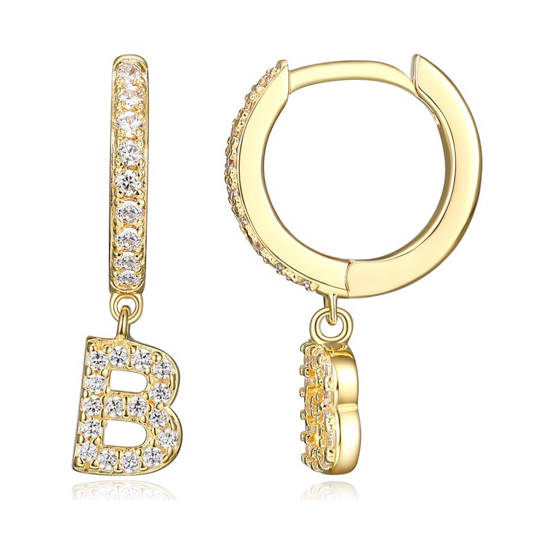 Initial Letter Hoop Earrings with Cubic Zirconia in 18K Gold Over Sterling Silver