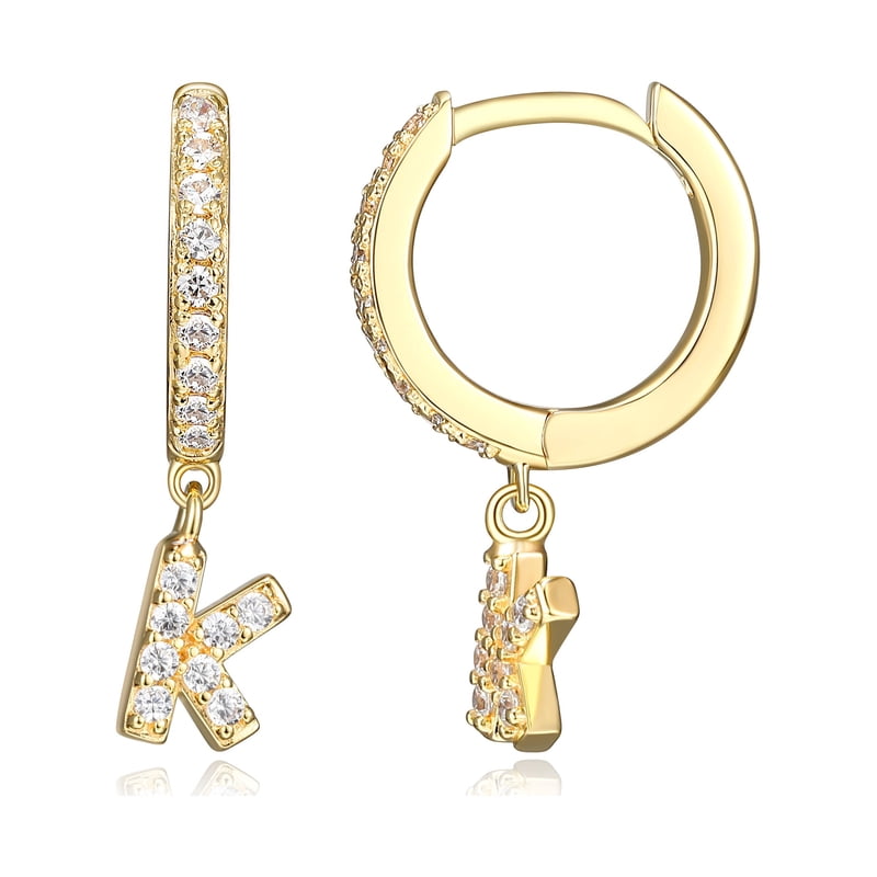 Gold Over Sterling Silver CZ Hoop Earrings with Initial Letter K