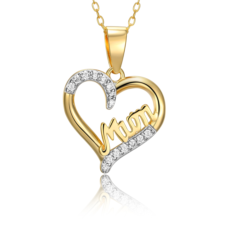 Sterling Silver Mom Heart Pendant Necklace with Cubic Zirconia, 18 Inch Chain
