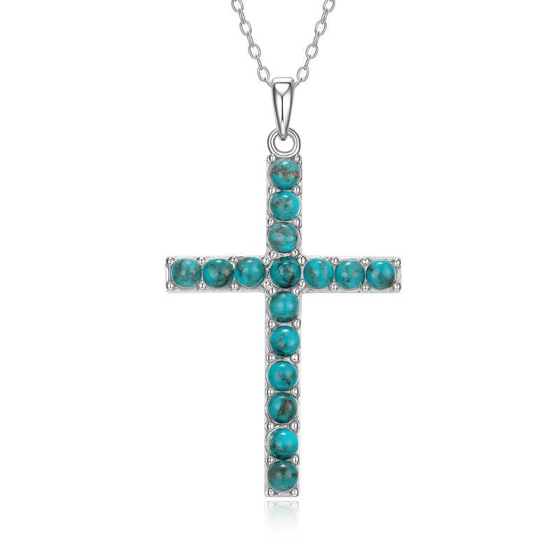 Sterling Silver Turquoise Cross Necklace for Women - Platinum Over Silver, 18 Inch Chain