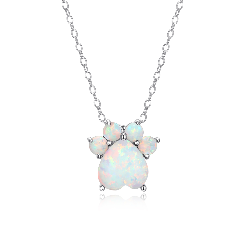 Sterling Silver Paw Print Necklace with Simulated Opal Pendant - Gift Ready