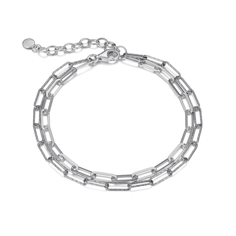 Sterling Silver Double Chain Paperclip Bracelet - Hypoallergenic, Adjustable Length