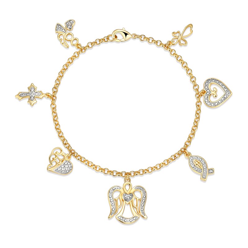 Diamond Charm Bracelet Set in 14K Gold Plated Brass, 7.25 Inch Women’s Jewelry