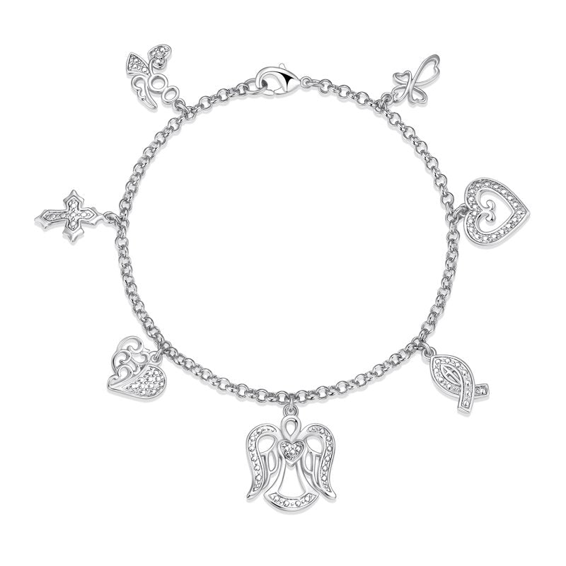 Women's Diamond Charm Bracelet Set - Silver Plated Brass, 7.25 Inch