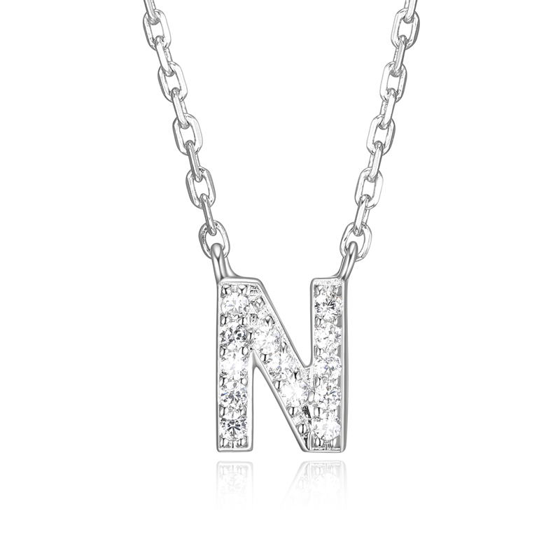 Sterling Silver Initial Letter N CZ Necklace 18 Inch Pendant for Women